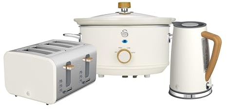Swan Nordic Kitchen Set, 1.7L Fast Boil Kettle & 4 Slice Toaster & 3.5L Slow Cooker, Matte White, SK14610WHTN, ST14620WHTN, SF17021WHTN