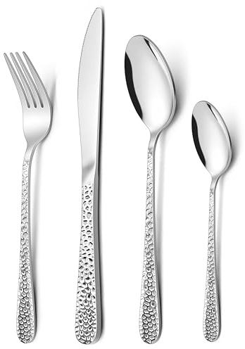 Onader 24 Piece Cutlery Set, Stainless Steel Hammered Cutlery Flatware Set for 6 People, Knives Forks Spoons for Home Travel Kitchen Party, Mirror Finished & Dishwasher Safe