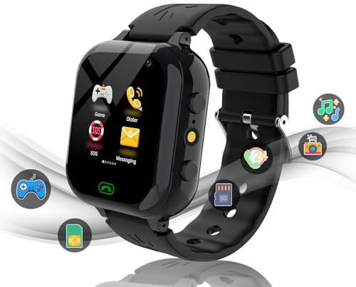 MiracDan Smartwatch per Bambini con 25 Giochi, Musica, Fotocamera, SOS, Torcia, Sveglia - Orologio con Sim dai 3 ai 12 Anni, Regalo di Natale e Compleanno, Nero