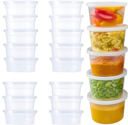 Cobenga 100 PCS 25ml Small Plastic Containers with Lids, Jello Shot Cups with Lids, Disposable Portion Cup BPA Free for Sauce, Condiments, Souffle, Salad Dressing, Medicine or Slime