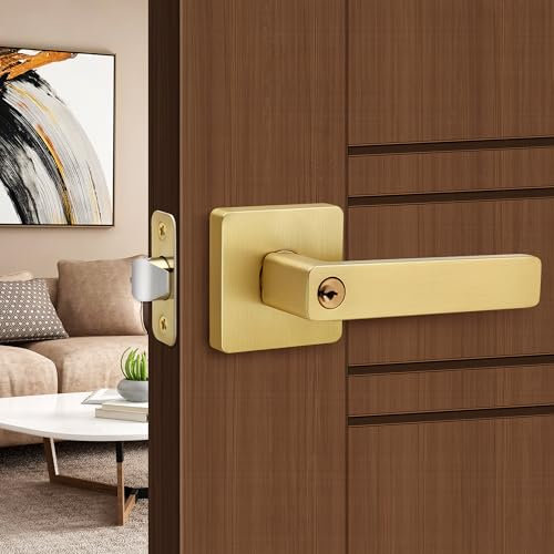 Moquin Heavy Duty Entry Door Lever with Keys, Square Gold Keyed Interior/Exterior Door Lever with Lock, Satin Brass Finish Handle for Front/Entrance Door Lock