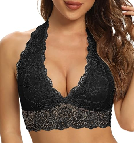 SHEKINI Neckholder BH bralette dam spets blommor bustier crop top triangel bh utan bygel avtagbar vadderad behå djup urringning korsett topp sexiga underkläder, Svart, 6002, XS