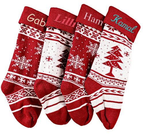GELLEDI Personalisierter Weihnachtsstrumpf mit Namen – individuelle 45,7 cm gestrickte Urlaubsdekoration für Kinder – bestickter roter Hundestrumpf für rustikalen Bauernhaus-Charme (4 Stück)