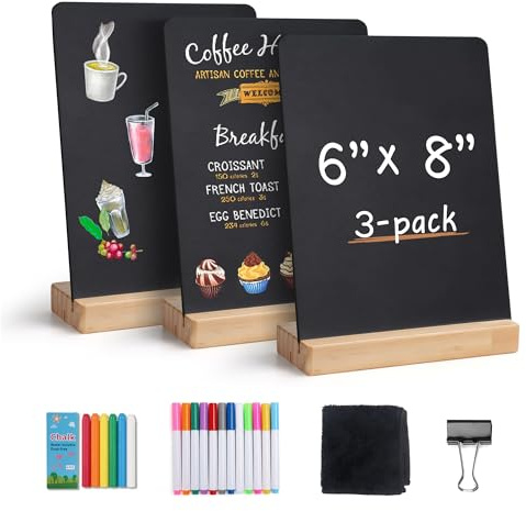 SELEAD Small Chalkboard Words Sign - 3 Pack 6x8 Inch Tabletop Decorative Chalk Board with Wooden Stand, Mini Double-Sided Erasable Message Menu Board for Food, Business, Wedding, Party