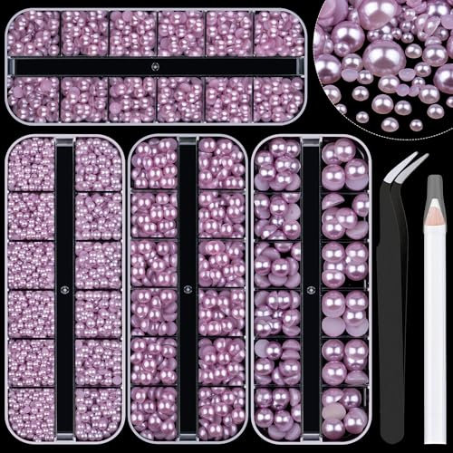 Kit di 4 scatole di 10 perle semicircolari con retro piatto viola chiaro, 3-10 mm, con matita e pinzette per la casa, fai da te e nail art professionale, trucco viso e artigianato