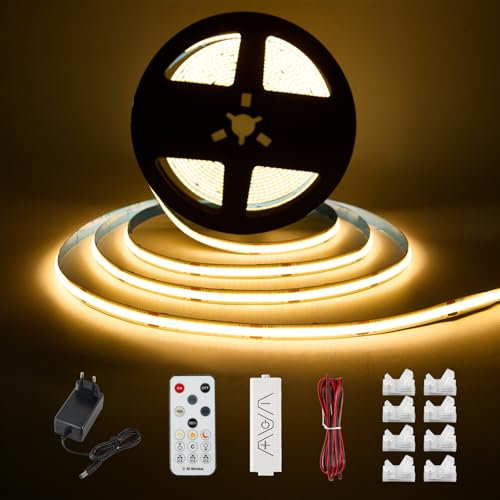 Enteenly Ruban LED COB Blanc Chaud 5 mètres - Kit d'éclairage sous Meuble avec Télécommande RF pour Vitrine, Cuisine, Bureau, étagère, Placard - Adaptateur 24V inclus - 2700K