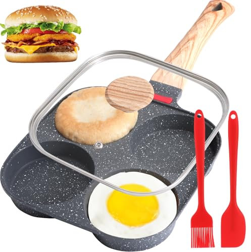 4-Cup Egg Pan, Premium Egg Pans Nonstick, Omelette Pan with Lid , Healthy Egg Frying Pan for Breakfast, Egg Sandwich, Hamburger, Pancake, Egg Skillet Suitable for Gas Stove & Induction Cookware