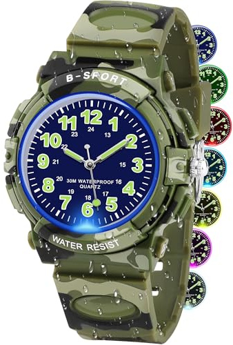 GUUMUXIN Kids Analogue Watch with Colourful Lights，30M Waterproof Learning Watch for Boys and Girls，Outdoor Sports Watches with TPU Strap for 5-16 Years Old