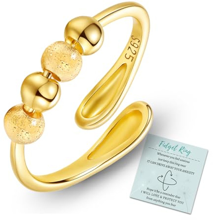 HEEYA Anxiety Rings for Women,Sterling Silver Rings to my Daughter,Adjustable Stress Spinner Ring with Beads,Gold Anxiety Fidget Ring for Women,Thumb Jewelry for Birthday,Christmas with Gift Card