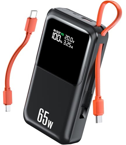 65W 26800mAh Power Bank Fast Charging, Portable Charger for Laptop & Phone, PD Battery Pack with Smart Display, 2 Built-in Cables (USB-C & Lighting), for Phone, Tablet, Travel, Camping (Black)