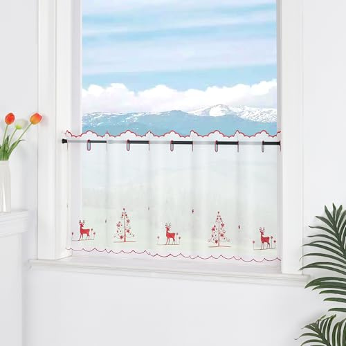 Delien Voile Rentier Deko Weihnachtsgardinen HxB 45x140cm Transparente Scheibengardine mit Ösen Festliche Kurzstores für Küchenfenster 1 Stück,Rot
