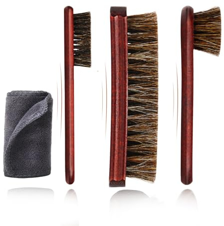 4pcs 100% Horse Hair Shoe Brush Kit Shoe Shine Kit Beech Wood Leather Care Set Suede Boot Cleaner Polish Applicator Dauber Buffing Cloth Soft Natural Bristles Men Gift Box for Boots Shoes Sneakers Car