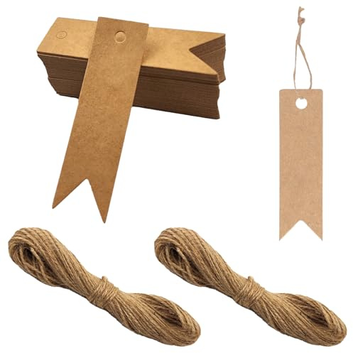 200 Stück Geschenkanhänger & Etiketten, Kraftpapier Anhänger Etiketten Craft Tags 2x7cm mit Naturjuteschnur 40M, Anhänger für Hochzeitsdekoration,Weihnachten,Geschenkverpackung,DIY-Projekte,Handwerk