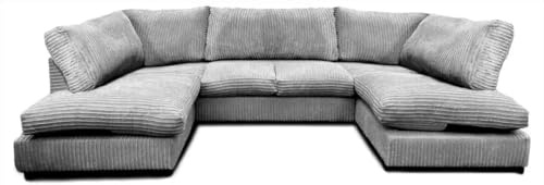 Jumbo Cord U Shaped Sofas - Washable Fabric Corner Sofa Grey - Comfortable 3 and 2 Seater Scatter Back - Large U Shape Bishop Modular Settee - Sofa Bed for Living Room Lounge (Grey, Highback)