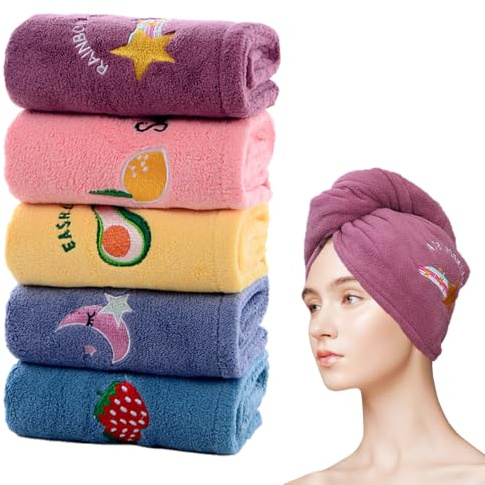 5 Piezas Toalla Pelo, con Botones Cabello Turbante | Superabsorbente Mujeres y Niñas Toalla para el Pelo, Trenzado de Felpa Coral para Secar el Cabello para Largo, Rizado y Liso