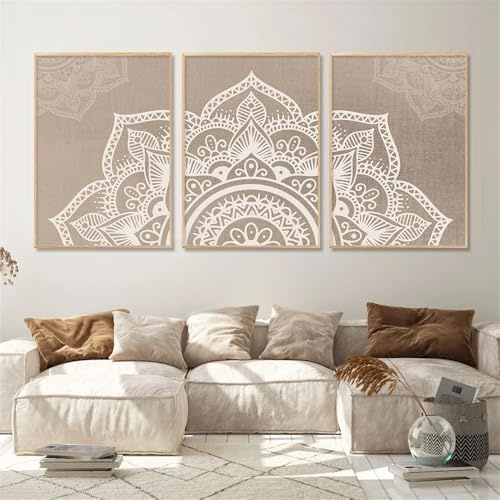 Impresiones Artísticas-3 Imágenes Set-Pósteres Abstractos Con Diseño Floral de Mandala Bohemio Beige Lienzo Arte de Pared Impresiones Sala de Estar Cocina Oficina Decoración Hogar-50*60cm(sin marco)