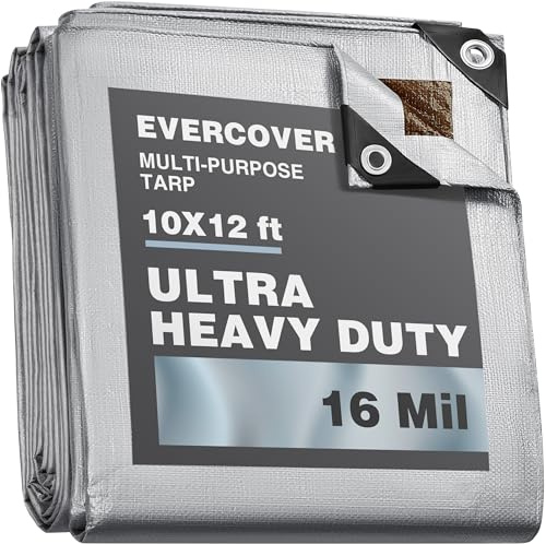 EVERCOVER 10x12 ft Tarps | All-Weather Tarp Waterproof UV-Resistant | 16 MIL=240 GSM Heavy-Duty Silver-Color Tarpaulin w/Reinforced Edges, Corners, Rustproof Grommets | Large Tarp | Lona Impermeable