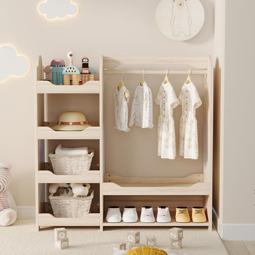 Lexiou 110 * 39 * 110 cm Kindergarderobe/Kinderkleiderschrank mit Kleiderstange & 4 Regalen, Aufbewahrung für Kinderzimmer, Standgarderobe Naturholz