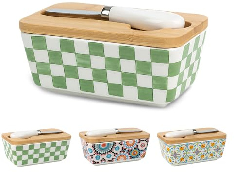 Butter Dish with Lid, 5.8 Large Butter Dish for Countertop, Ceramic Butter Keeper Container with Knife and High-Quality Silicone Sealing Butter Box for Home Decor Kitchen Gifts (Boho 3)