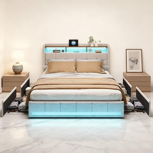 Somier de 180 x 200, cama acolchada doble con LED y USB, 4 cajones, cabecero con almacenamiento, somier de láminas para cama Boxspring, cama moderna para adultos jóvenes, lino, beige, sin colchón