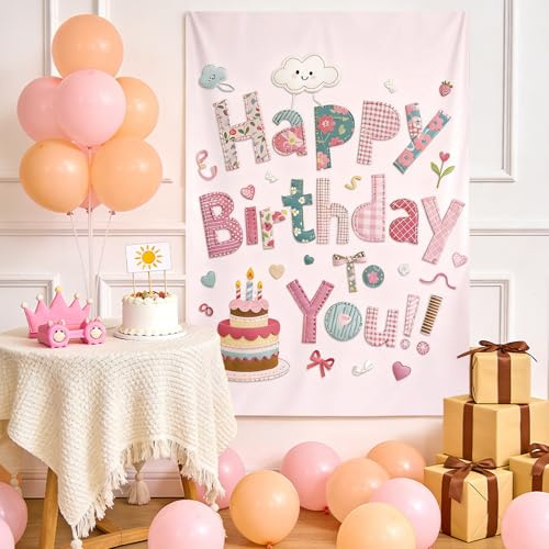 Happy Birthday Banner 100x150 cm Fondo de Cumpleaños Efecto 3D Banner de Cumpleaños con Globos Banner de Tela Fondo Fotográfico para Decoración de Cumpleaños Decoración Cumpleaños Infantil (Rosa)
