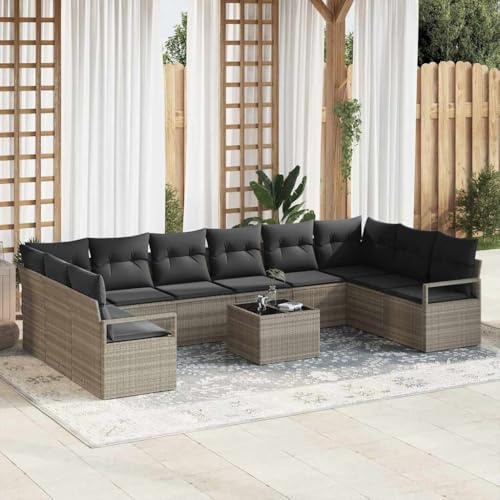 Runheo Garten Loungesofa Set 11-teilig mit Kissen, Hellgrau Poly-Rattan, Modular, Wetterfest, UV-beständig, Stauraumfächer, für Terrasse, Balkon