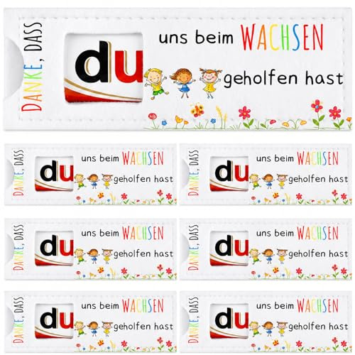 6 Filz-Schokoriegelhüllen als Dankeschön, Geschenk für Erzieherin, Lehrerin oder Lehrer, Abschiedsgeschenk Erzieherin-Danke, dass du uns beim Wachsen geholfen hast, Geschenkverpackung, ohne Schokolade