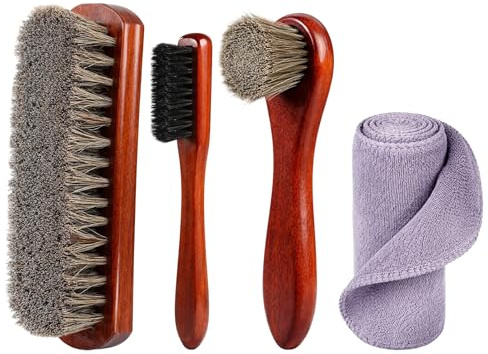GuBaoZhuo RosshaarbüRste, 4-Teiliges SchuhbüRsten Set Mit NatüRlichen Rosshaarborsten, Premium Schuhpflege Set Mit 3 BüRsten Und Mikrofasertuch FüR Stiefel, Schuhe, Autositze, Sofas, Polieren