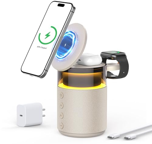 Altoparlante Bluetooth 3 in 1 con lampada da comodino e stazione di ricarica a induzione – compatibile con iPhone 17/16/15/14/13/12 Pro Max, Apple Watch e auricolari con ricarica wireless, 33W Giallo