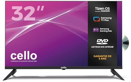 Cello C3226TZF 32-tums smart-TV utan ram med DVD, driven av Tizen OS, HD, molnspel utan konsol - Bluetooth, HDMI, USB och Wi-Fi-anslutning, perfekt för sovrum och små utrymmen