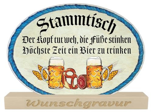 Stammtisch Schild Holz 20 cm – Biergarten & Wirtshaus Tisch Deko Masskrug Motiv – Geschenk Männer Bierliebhaber Partykeller – Holz Aufsteller Spruch optional Gravur (Mit individueller Gravur)