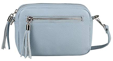 ITALYSHOP24 OBC Made in Italy Damen Leder Tasche Umhängetasche Schultertasche Beuteltasche Cross-Over Cross Bag Glattleder Schmucktasche Fransen Ledertasche (Hellblau)