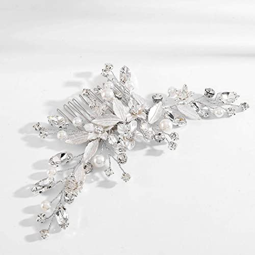 Fairvir Haarschmuck Hochzeit Braut Silber Haarkamm Blume funkelnde Strasssteine Blatt