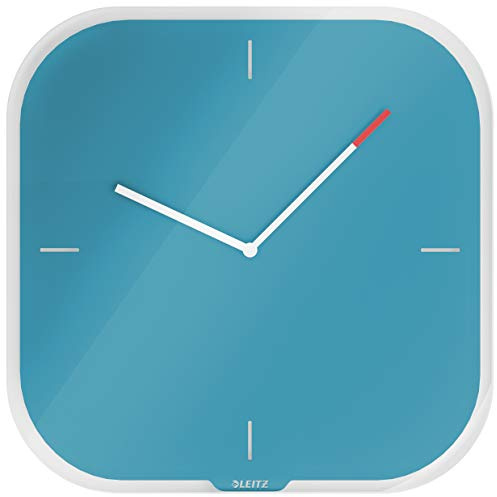 Leitz – Horloge Murale en Verre, Design Moderne, Quartz Silencieux Sans Tic-Tac, Surface Effaçable pour Notes, Verre Trempé Résistant aux Rayures, Bleu Cosy, 90170061