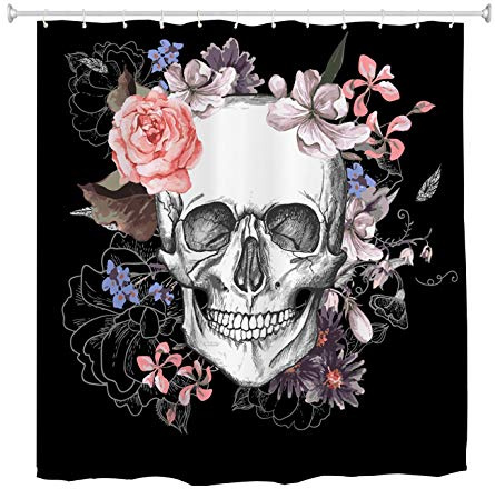 goodbath Surgar Totenkopf-Badezimmer-Duschvorhang, Blumen, Rose, Skelett, Halloween, Duschvorhang-Set, 12 Haken, wasserdichter Badvorhang, 180 x 180 cm