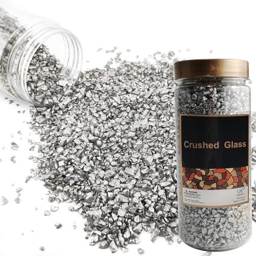 HappyFiller 1.3 LB Metallic Silver Crushed Glass Sand Pearlized Gravel Small Pebble Stone for Crafts,Resin Arts,Home Accents,Wedding Centerpieces,Table Scatter,Candle Holder