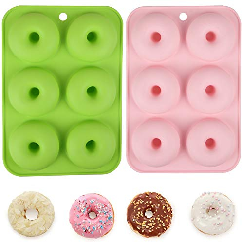 Powmag Donatbackform Groß, 2 Stück Donuts Backform, Mini Donuts Backform, Donut Backform Antihaft Backblech, Donut Formen Silikon, Blatt Behälter Macht perfekte 3-Zoll-Donuts (Rosa+Grün)