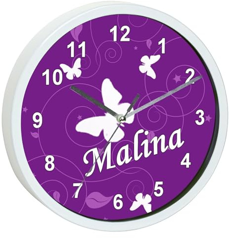 CreaDesign, Wanduhr Kinder personalisiert mit Name, Motiv Schmetterling lila, Rahmen Wanduhr weiß, Ø 19,5 cm