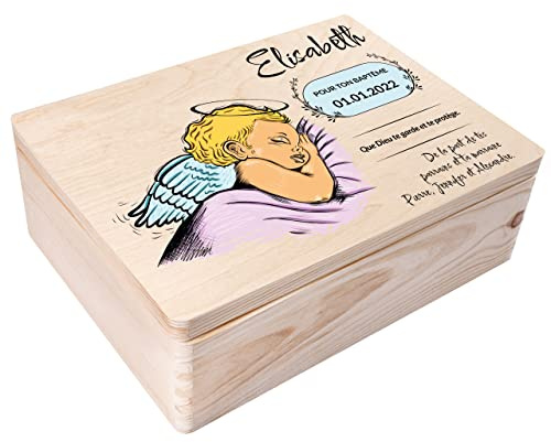 Creative Deco Boite Cadeau Personnalisé Bapteme pour Garçon et Fille | Boîte à Souvenirs en Bois | Personnalisés - Ange | Personnalisable Idée Coffret Décoration