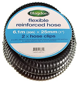 Blagdon Flexible Reinforced Pond Tubing, 6.1m (20ft) x 25mm (1”) Internal Diameter, Smooth-bore PVC Pond Tubing, Includes 2 Stainless Steel Hose Clamps, Corrugated, Tough and Strong Tubing