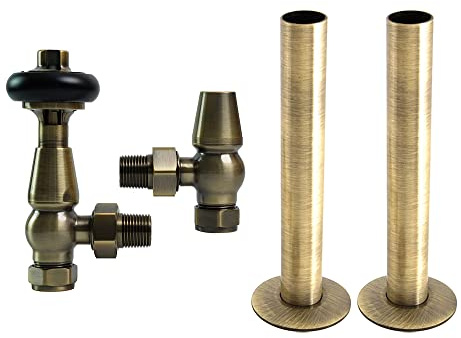 NRG Polished Antique Brass Angled TRV Lockshield Valve Set with 180mm Pipe | Brass Valve and Pipe Kit, Sleeves and Collars, Easy Cut and Install, 15mm Thermostatic Lockshield Valves, Traditional