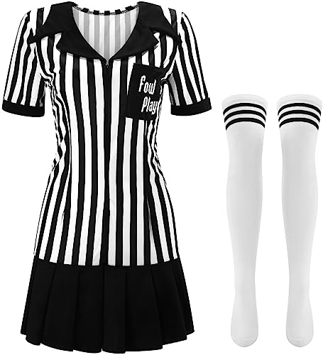 Yahenda kvinnor domare kostym set svartvit rand domare dragkedja krage skjorta domare kjol outfit långa strumpor för halloween cosplay (L)