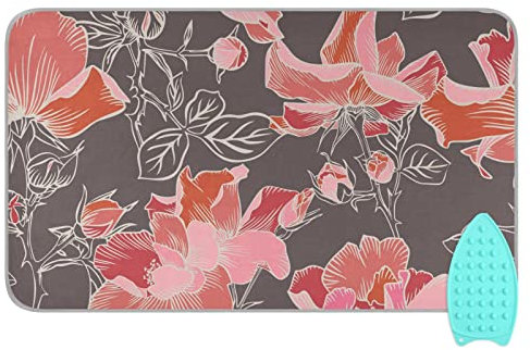 Portable Ironing Mat, Blossom Large Red Roses Heat Resistant Ironing Blanket with Silicone Pad Travel Ironing Board Cover for Dryer, Washer, Table Top, 47 x 28 Inch
