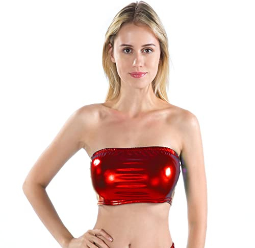 YUDATPG Top corto da donna metallico senza spalline reggiseno a tubo lucido olografico senza imbottitura avvolto petto a fascia top rave ballo costume da festa, Rosso, M