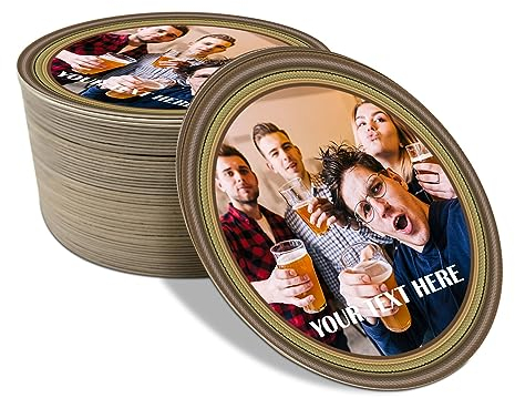 Personalised Beer Mats Photo Coasters Drinks Mats - 48 Pack Round - Home Bar Accessories Man Cave Pub Gifts - Add Photo and Text