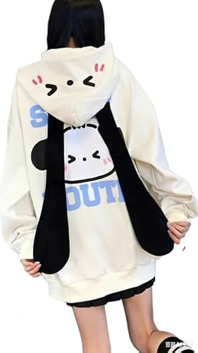 grhaat Kawaii huvtröja dragkedja Harajuku valp långt öra ledig lös tröja med huva Cutecore Y2k grafiska pullover, BEIgE, S