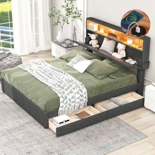 buiesjole Polsterbett 140x200cm Mit Verstellbares Stauraum Kopfteil Doppelbett Mit Aufladen USB Und LED-Beleuchtung Jugendbett Für Erwachsene Jugendliche Gästebett Mit 2 Schubladen Grau