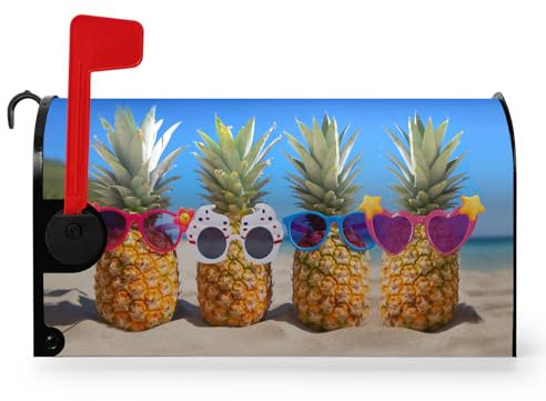 Dacawin Coperture magnetiche per cassette postali estive con ananas di dimensioni standard, copertura per posta da spiaggia, copertura per posta tropicale blu cielo occhiali da sole per cassetta