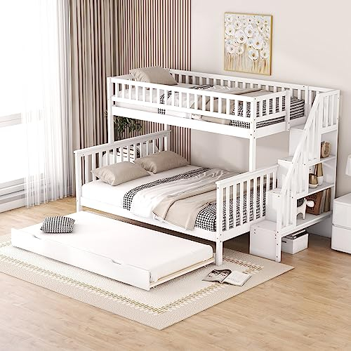 Kinderbett Etagenbett 90×200 & 140×200 mit Rollbett und Stauraum Treppe, Hochbett Doppelbett für 4 Kinder, Holzbett Funktionsbett Stockbett Jugendhochbett mit Rausfallschutz und Lattenrost, Weiß