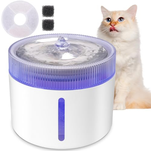 Nobleza - Fuente para Gatos 2L, Fuente de Agua para Mascotas Ultra Silenciosa, Luz LED Inteligente, con Filtros De Carbón Activado Y Bomba De Agua, Apto para Múltiples Mascotas, Blanco